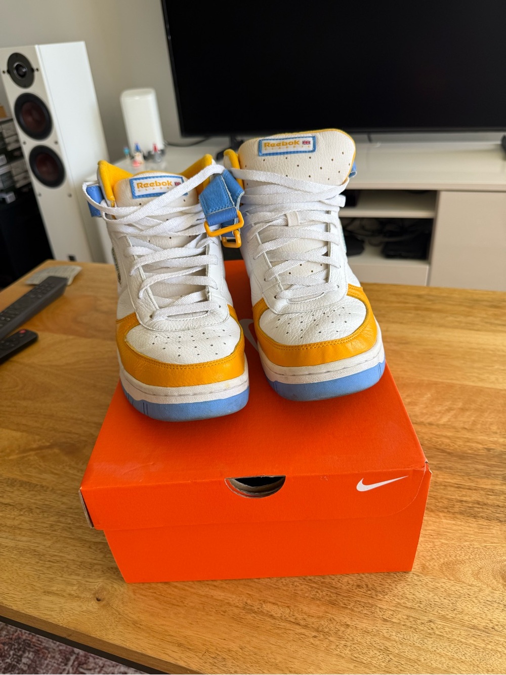 Reebok White, Yellow & Blue Mid-Top Sneakers